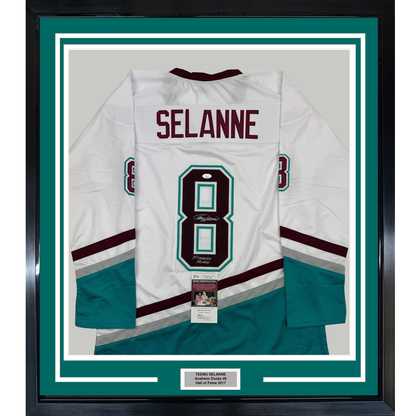 Framed Autographed/Signed Teemu Selanne Finnish Flash 35x39 Anaheim White Retro Hockey Jersey JSA COA