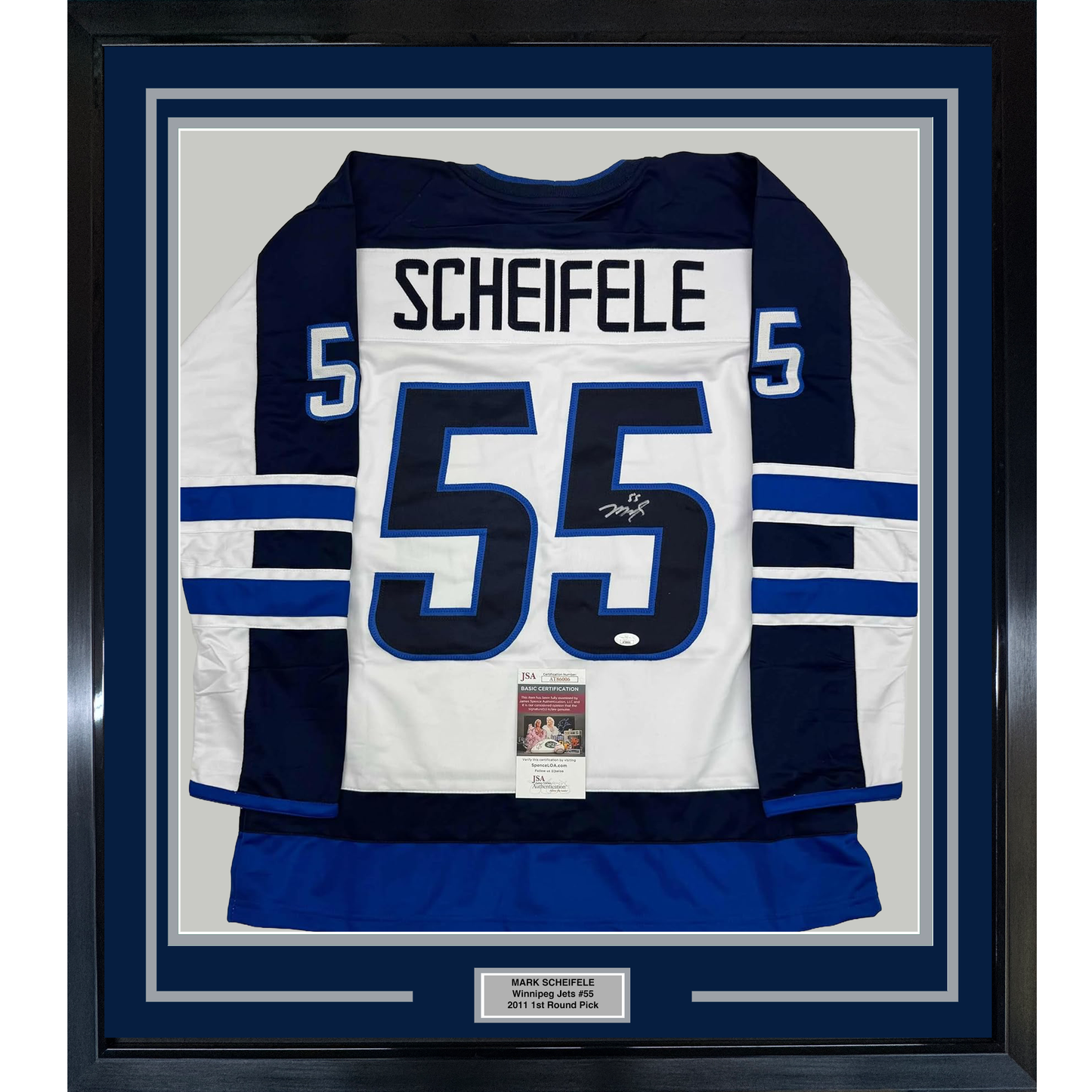 Framed Autographed/Signed Mark Scheifele 35x39 Winnipeg White Hockey Jersey JSA COA