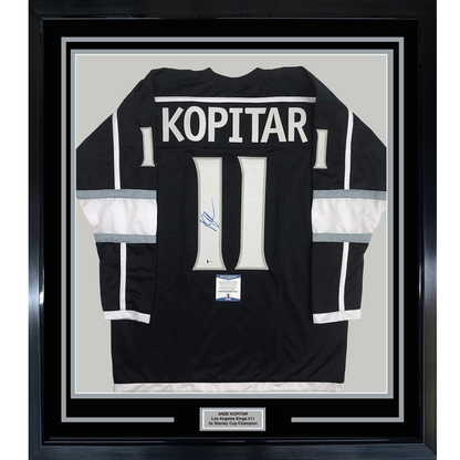 Framed Autographed/Signed Anze Kopitar 35x39 Los Angeles LA Black Hockey Jersey JSA COA