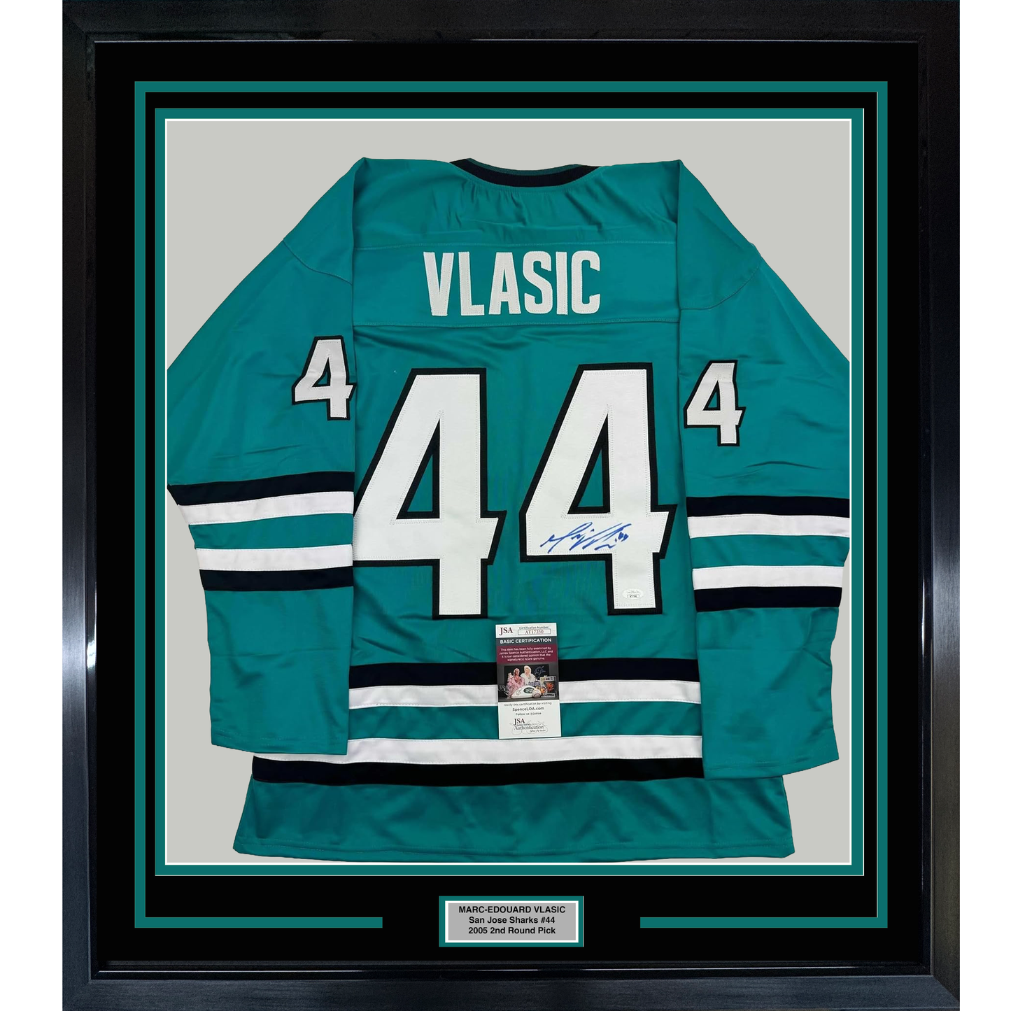 Framed Autographed/Signed Marc-Edouard Vlasic 35x39 San Jose Teal Hockey Jersey JSA COA