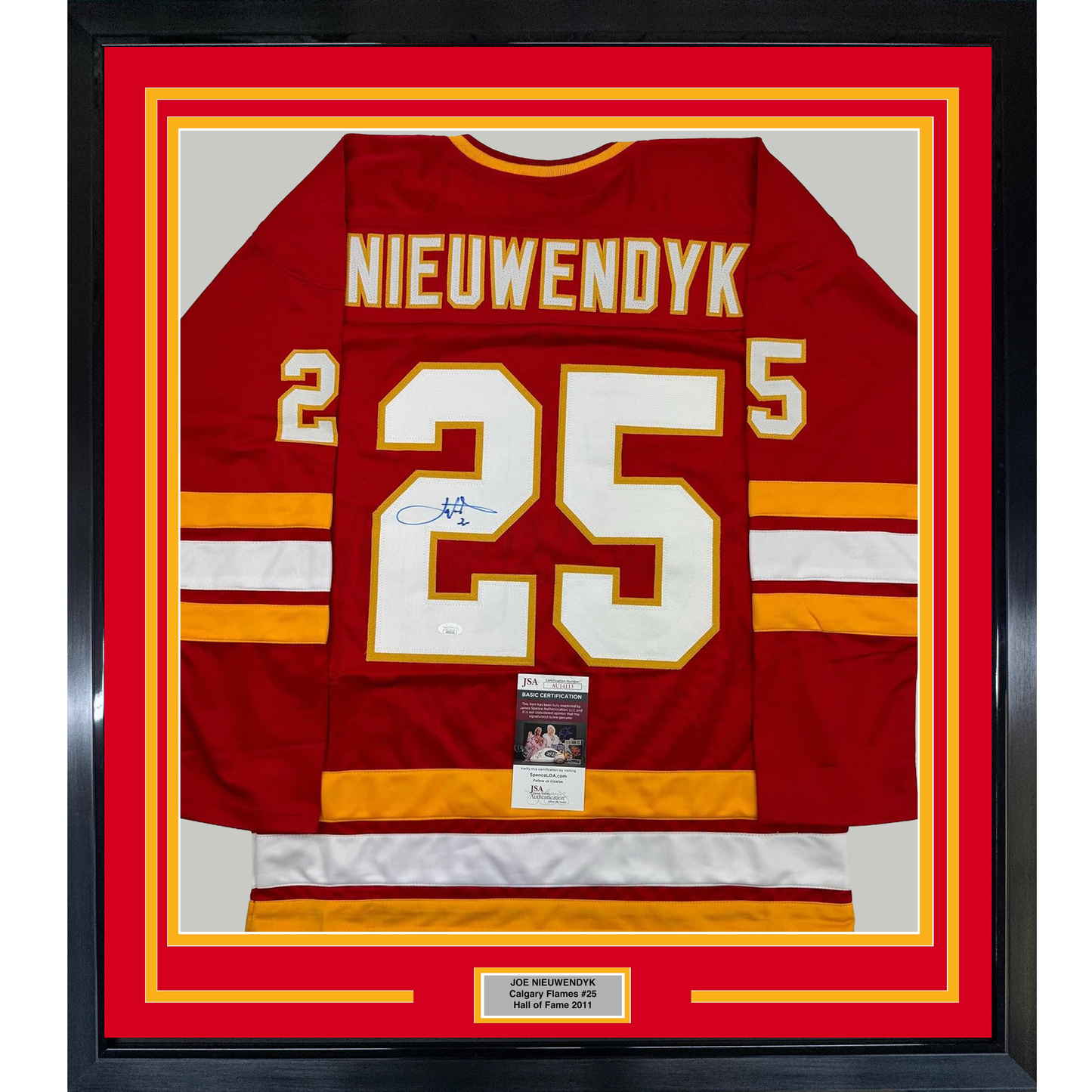 Framed Autographed/Signed Joe Nieuwendyk 35x39 Calgary Red Hockey Jersey JSA COA