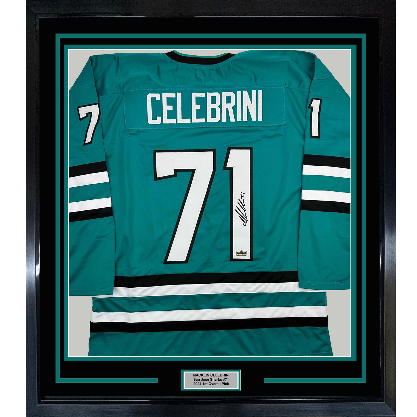 Framed Facsimile Autographed Macklin Celebrini 35x39 San Jose Teal Reprint Laser Auto Hockey Jersey
