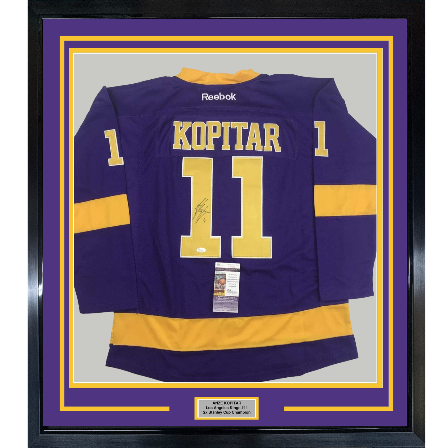 Framed Autographed/Signed Anze Kopitar 35x39 Los Angeles LA Retro Purple Hockey Jersey JSA COA