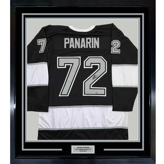 Framed Facsimile Autographed Artemi Panarin 35x39 Los Angeles Black Reprint Laser Auto Hockey Jersey