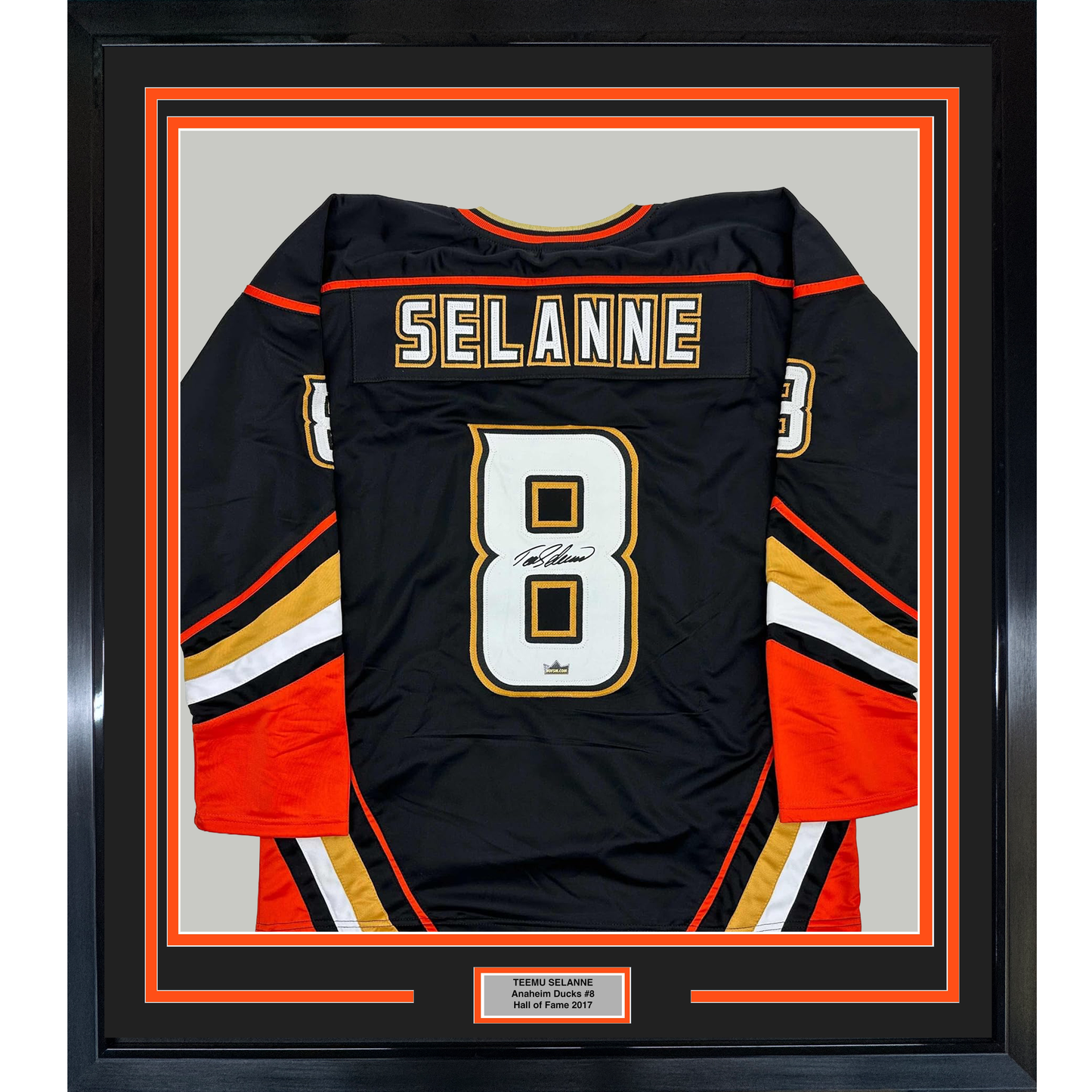 Framed Facsimile Autographed Teemu Selanne 35x39 Anaheim Black Reprint Laser Auto Hockey Jersey