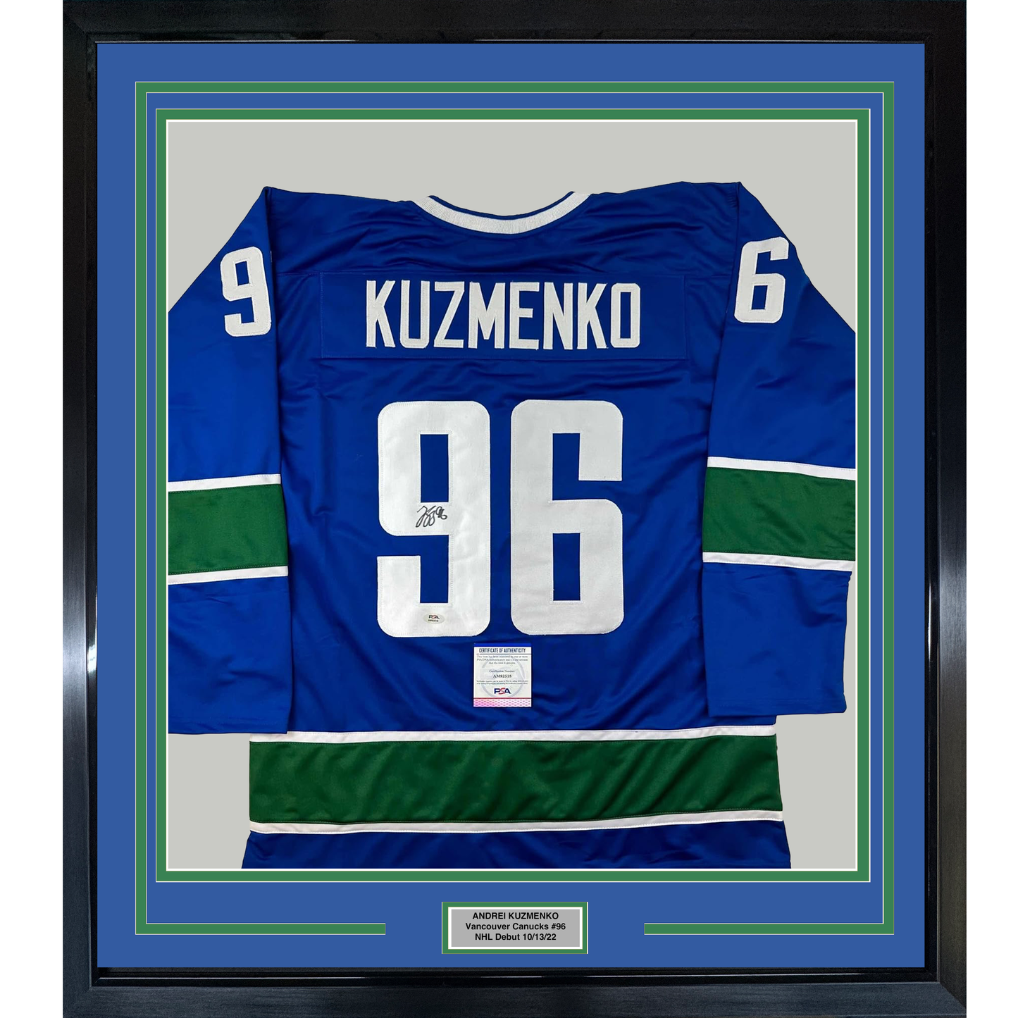 Framed Autographed/Signed Andrei Kuzmenko 35x39 Vancouver Blue Hockey Jersey PSA/DNA COA