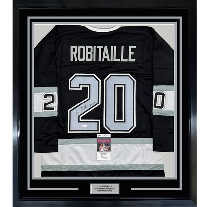 Framed Autographed/Signed Luc Robitaille HOF 09 35x39 Los Angeles LA Black Hockey Jersey JSA COA