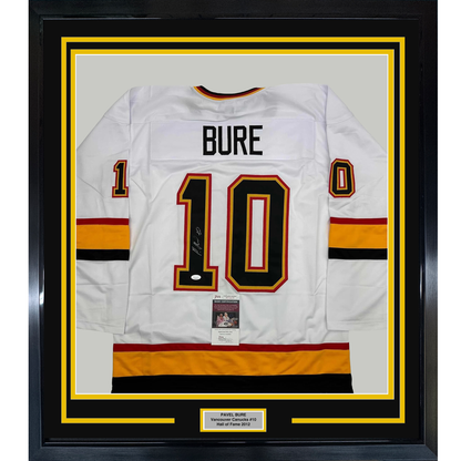 Framed Autographed/Signed Pavel Bure 35x39 Vancouver White Hockey Jersey JSA COA