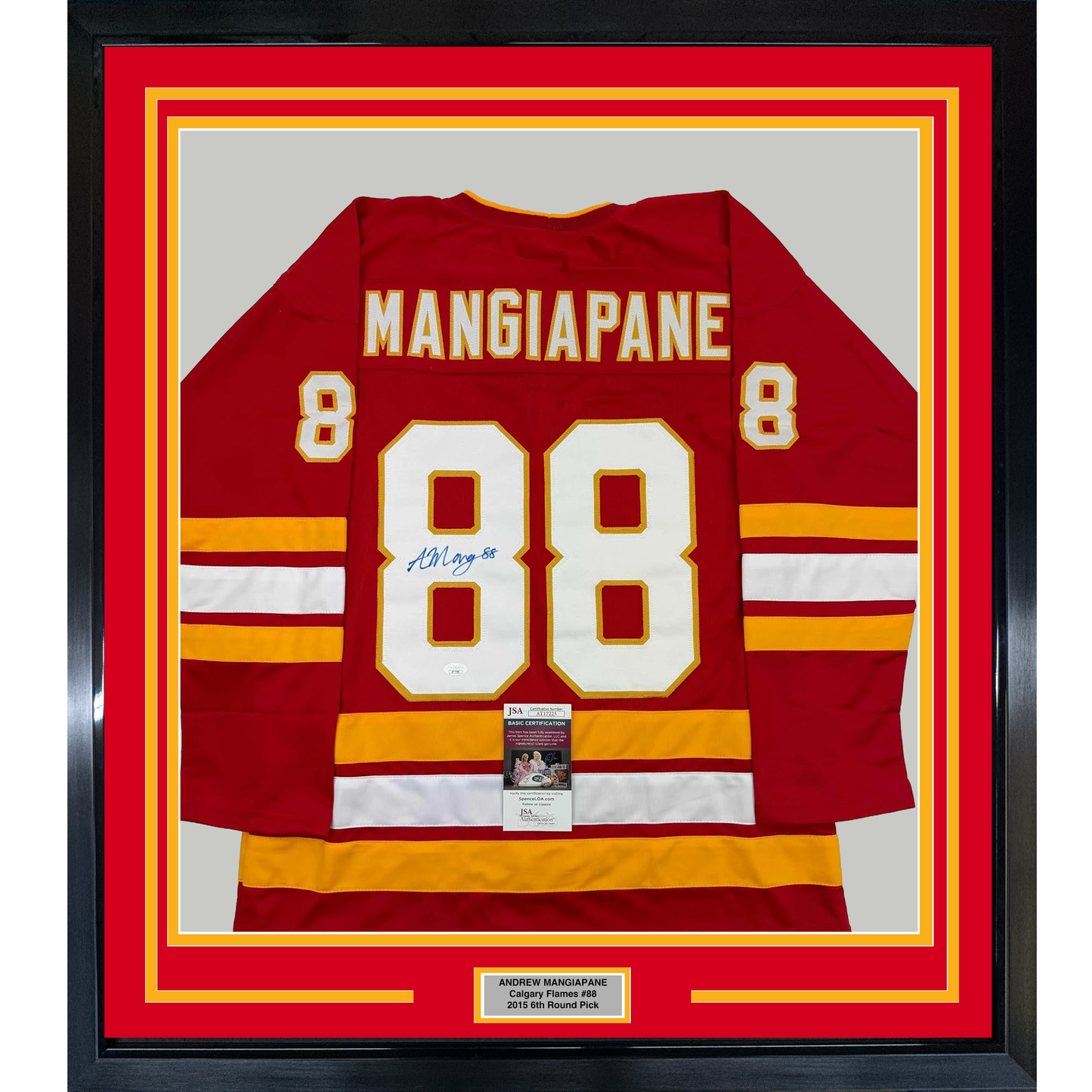 Framed Autographed/Signed Andrew Mangiapane 35x39 Calgary Red Hockey Jersey JSA COA