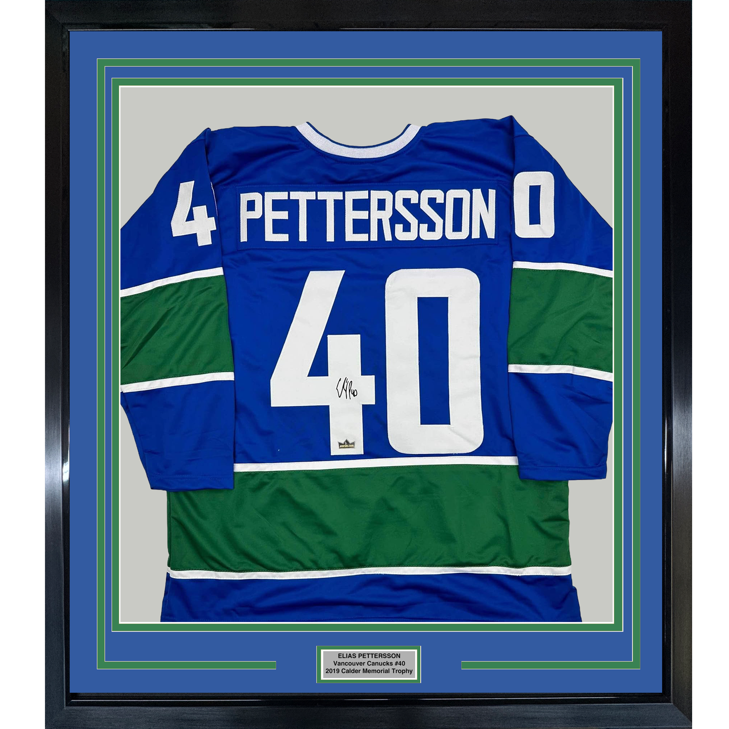 Framed Facsimile Autographed Elias Pettersson 35x39 Vancouver Blue Reprint Laser Auto Hockey Jersey