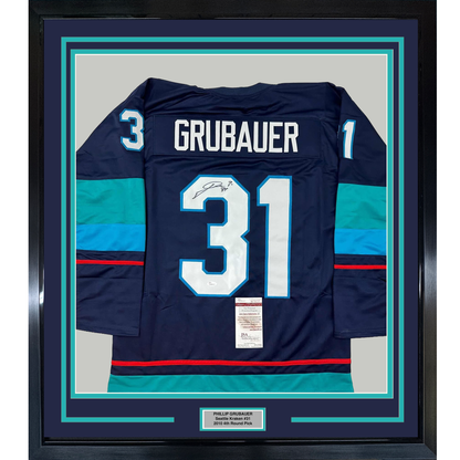 Framed Autographed/Signed Philipp Grubauer 35x39 Seattle Blue Hockey Jersey JSA COA
