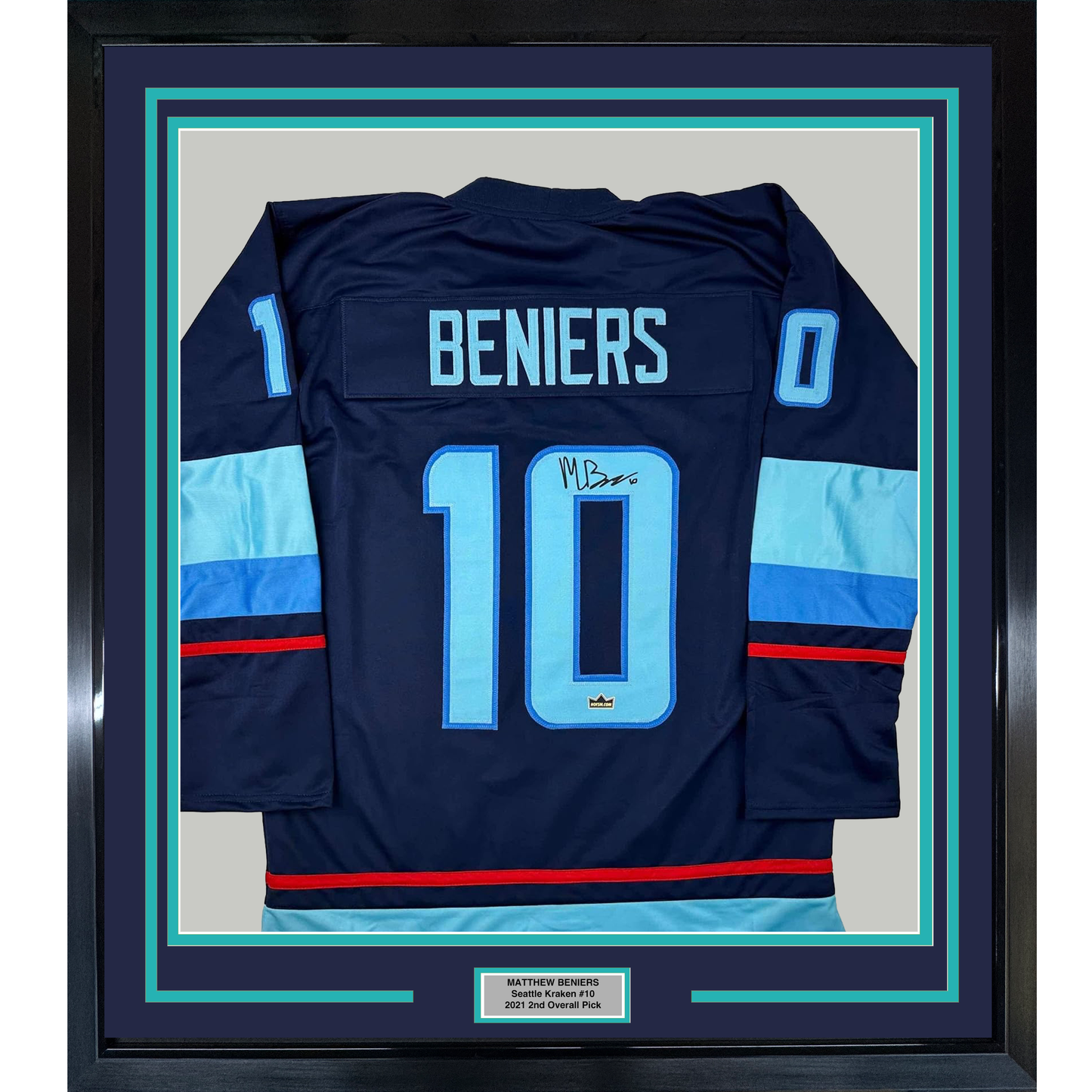Framed Facsimile Autographed Matty Beniers 35x39 Seattle Blue Reprint Laser Auto Hockey Jersey