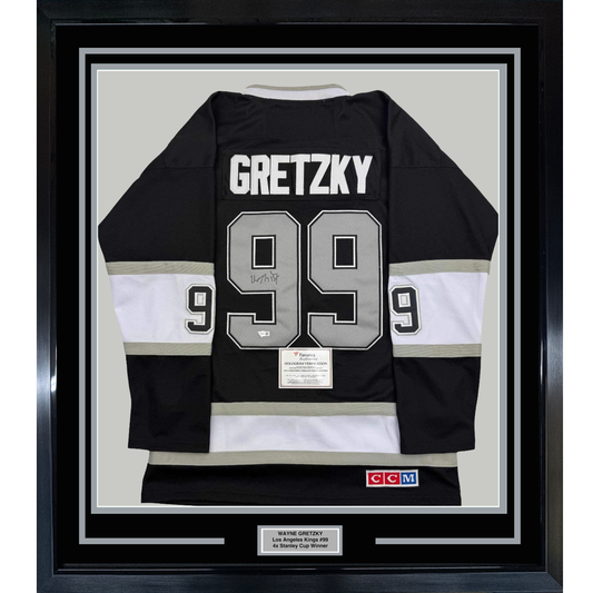 Framed Autographed/Signed Wayne Gretzky 35x39 Los Angeles Kings Black Hockey Jersey Fanatics COA