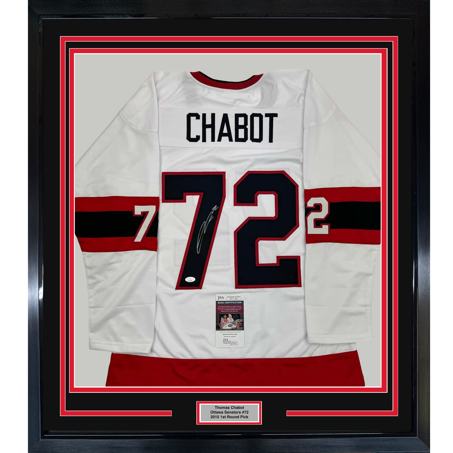 Framed Autographed/Signed Thomas Chabot 35x39 Ottawa White Hockey Jersey JSA COA