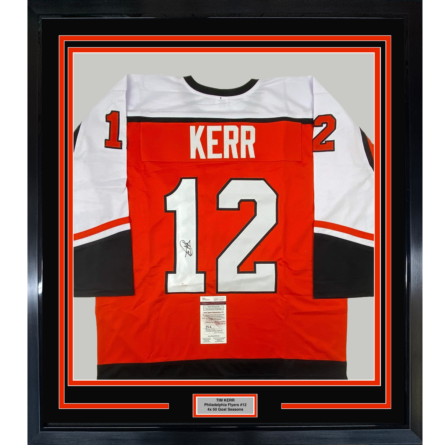 Framed Autographed/Signed Tim Kerr 35x39 Philadelphia Orange Hockey Jersey JSA COA