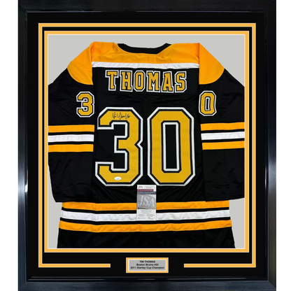 Framed Autographed/Signed Tim Thomas 35x39 Boston Black Hockey Jersey JSA COA