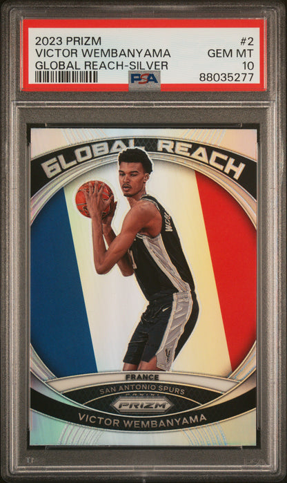 Graded 2023 Panini Prizm Victor Wembanyama #2 Global Reach Silver Rookie RC Basketball Card PSA 10 Gem Mint