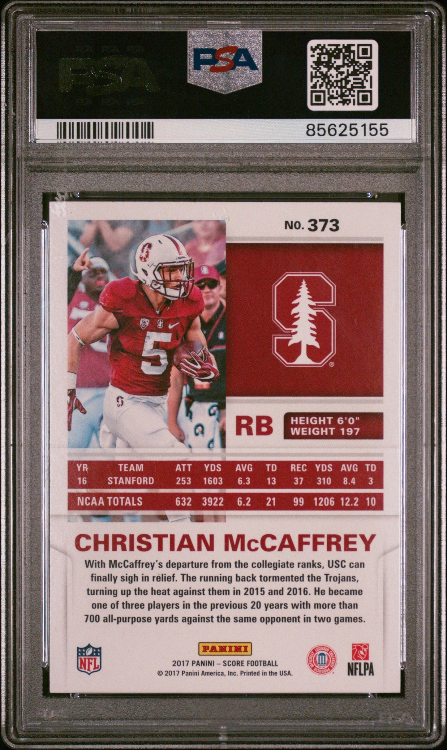 Graded 2017 Panini Score Christian McCaffrey #373 Rookie RC Football Card PSA 9 Mint