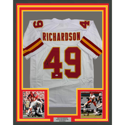 Framed Autographed/Signed Tony Richardson 35x39 Kansas City White Football Jersey JSA COA