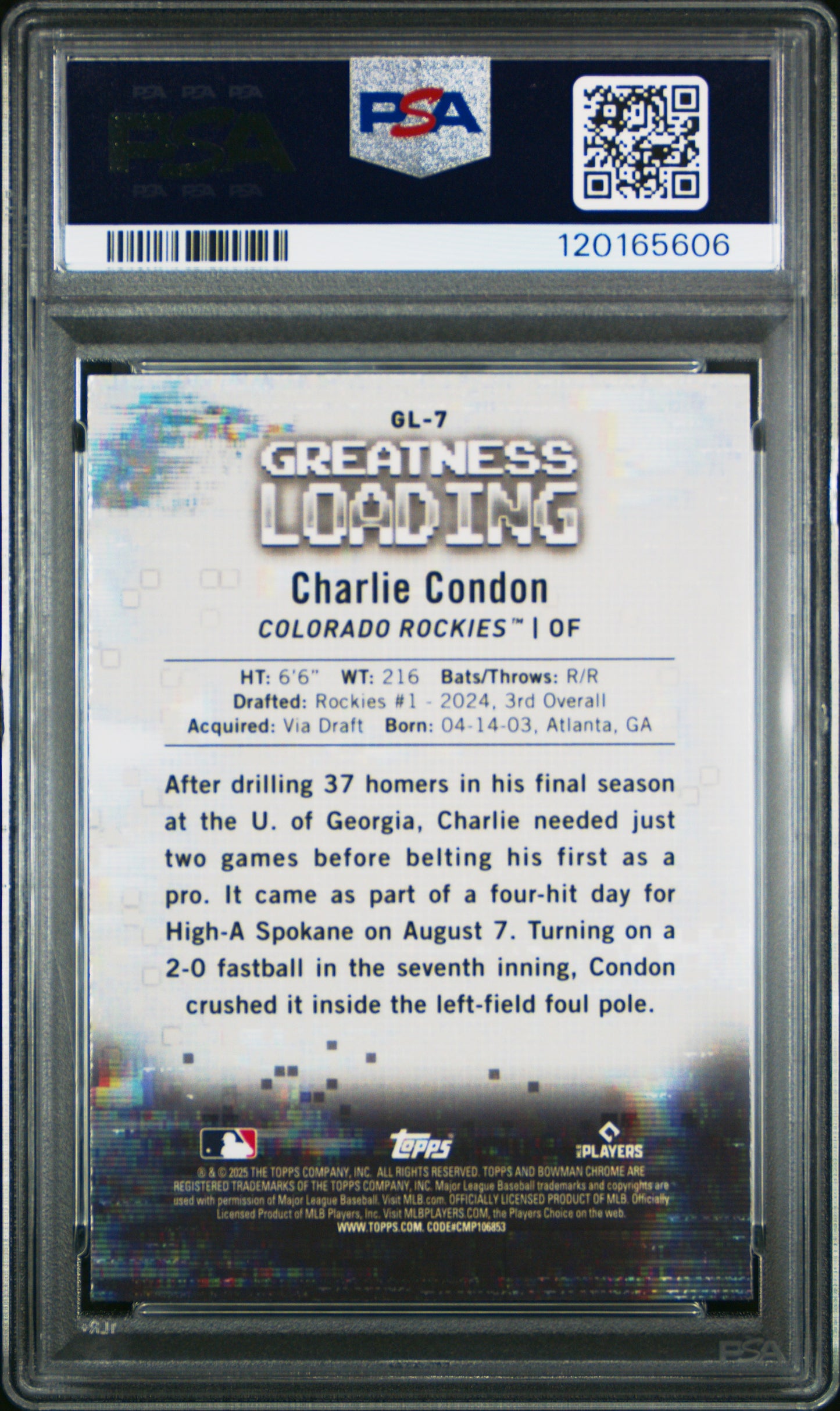 Graded 2025 Topps Bowman Charlie Condon #GL7 Greatness Loading Rookie RC Baseball Card PSA 10 Gem Mint