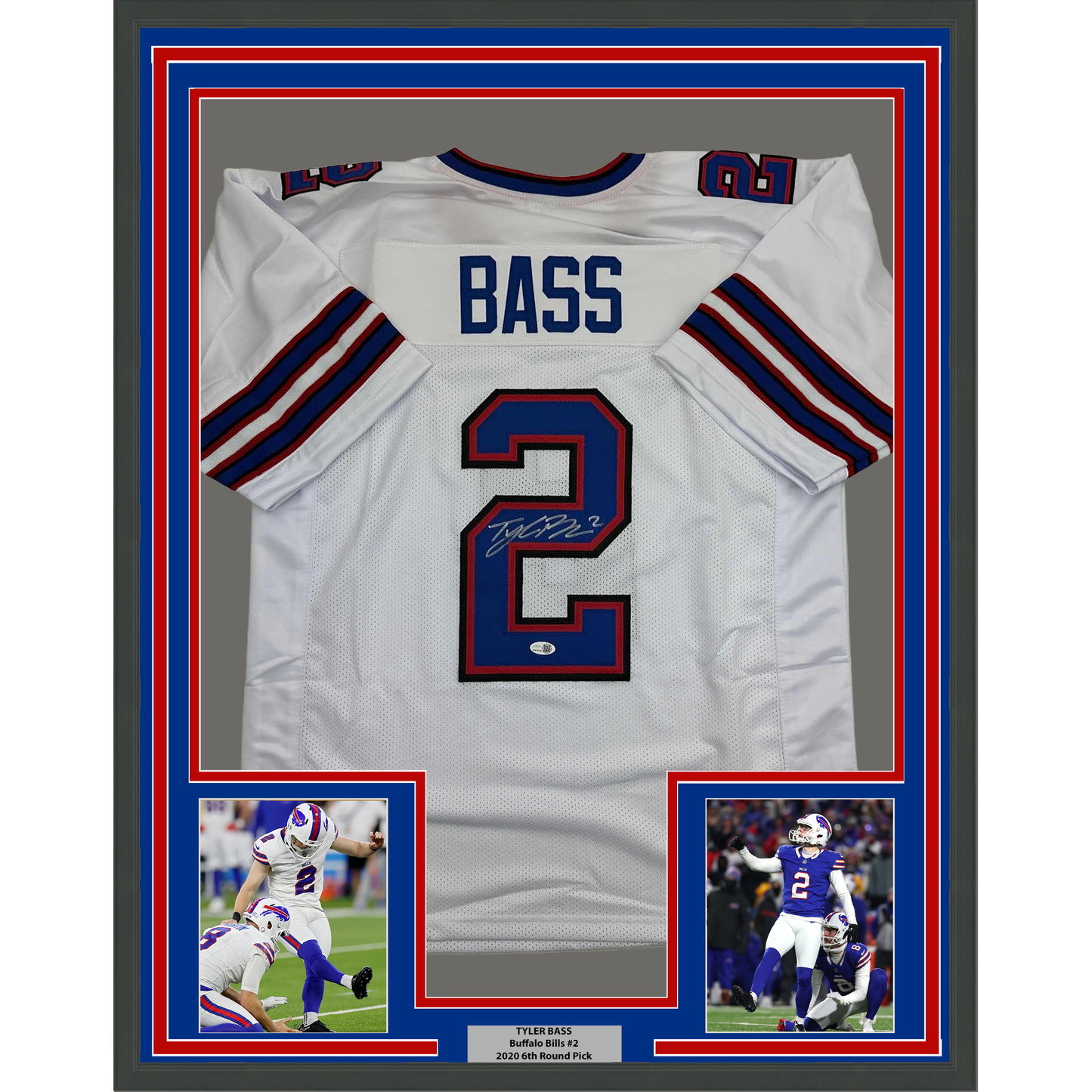 Framed Autographed/Signed Tyler Bass 35x39 Buffalo White Football Jersey JSA COA