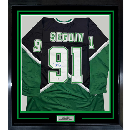 Framed Autographed/Signed Tyler Seguin 35x39 Dallas Black Hockey Jersey Beckett BAS COA