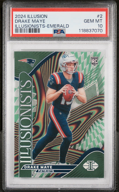 Graded 2024 Panini Illusions Drake Maye #2 Illusionists Emerald Rookie RC Football Card PSA 10 Gem Mint