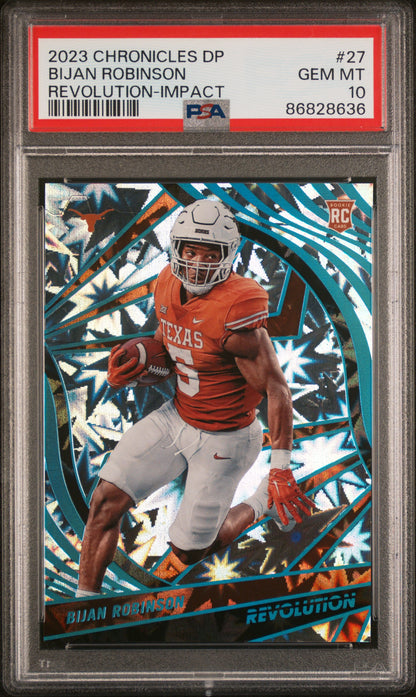 Graded 2023 Panini Chronicles DP Bijan Robinson #27 Revolution Impact #/149 Rookie RC Football Card PSA 10 Gem Mint