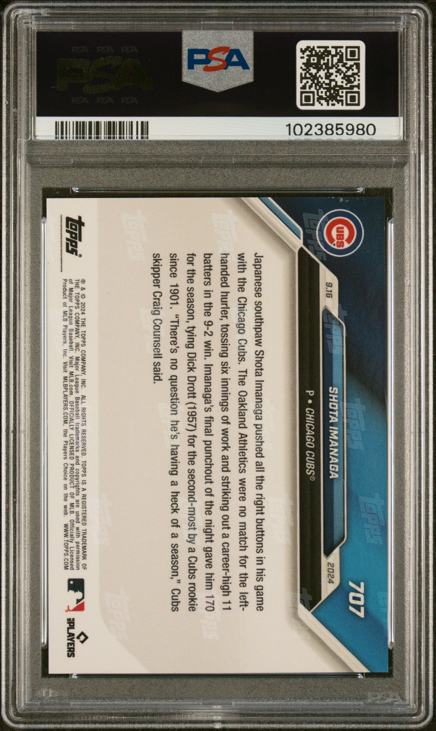 Graded 2024 Topps Now Shota Imanaga #707 Blue /49 Rookie RC Baseball Card PSA 10 Gem Mint