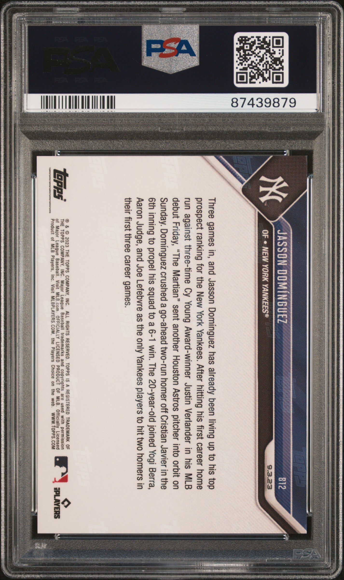 Graded 2023 Topps Now Jasson Dominguez #812 Rookie RC Baseball Card PSA 10 Gem Mint