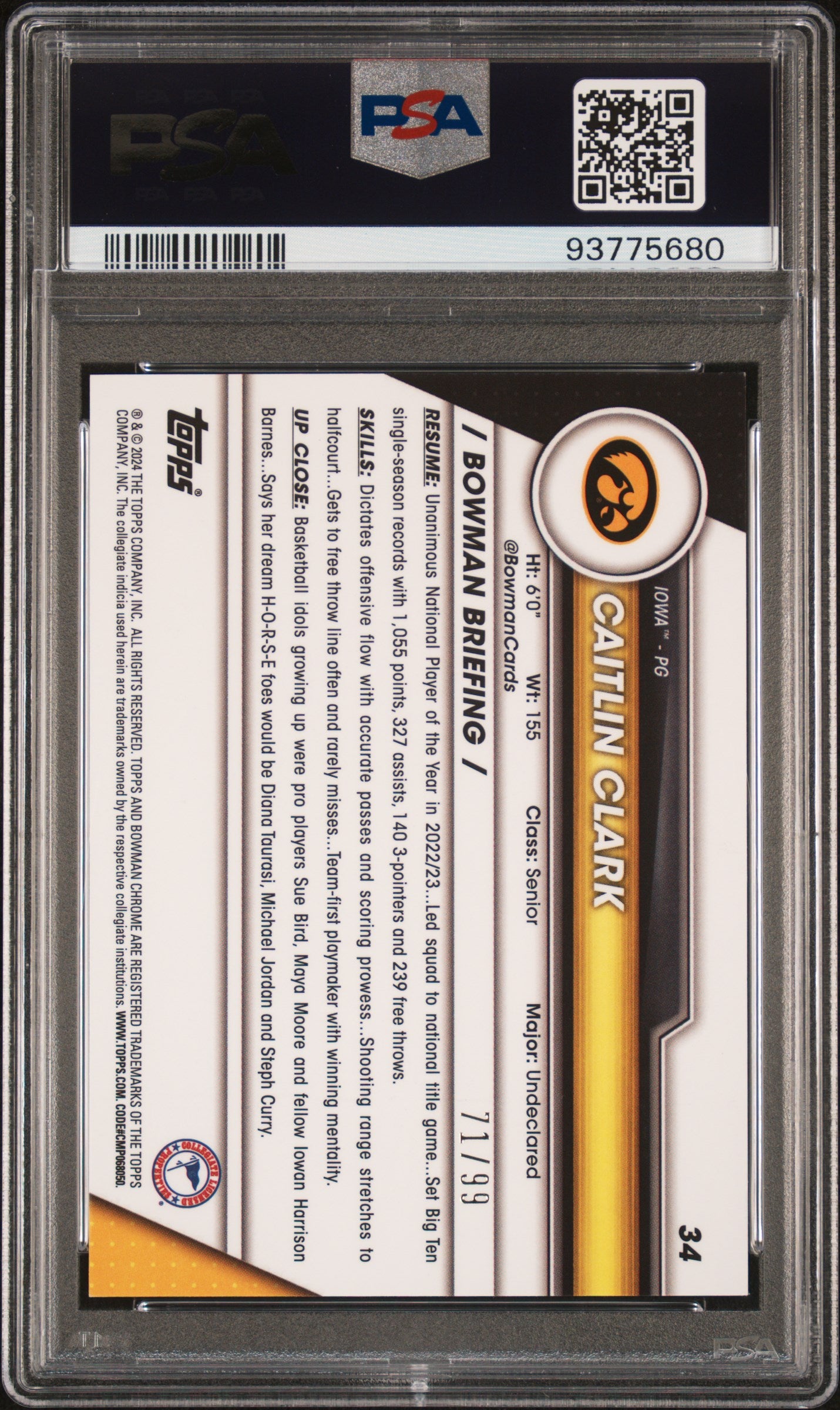 Graded 2023 Topps Bowman U Sapphire Caitlin Clark #34 Green #/99 Rookie RC Basketball Card PSA 10 Gem Mint
