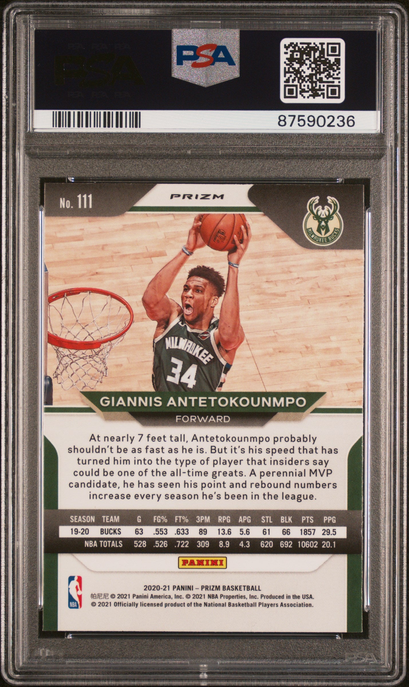Graded 2020 Panini Prizm Giannis Antetokounmpo #111 Silver Prizm Basketball Card PSA 10 Gem Mint