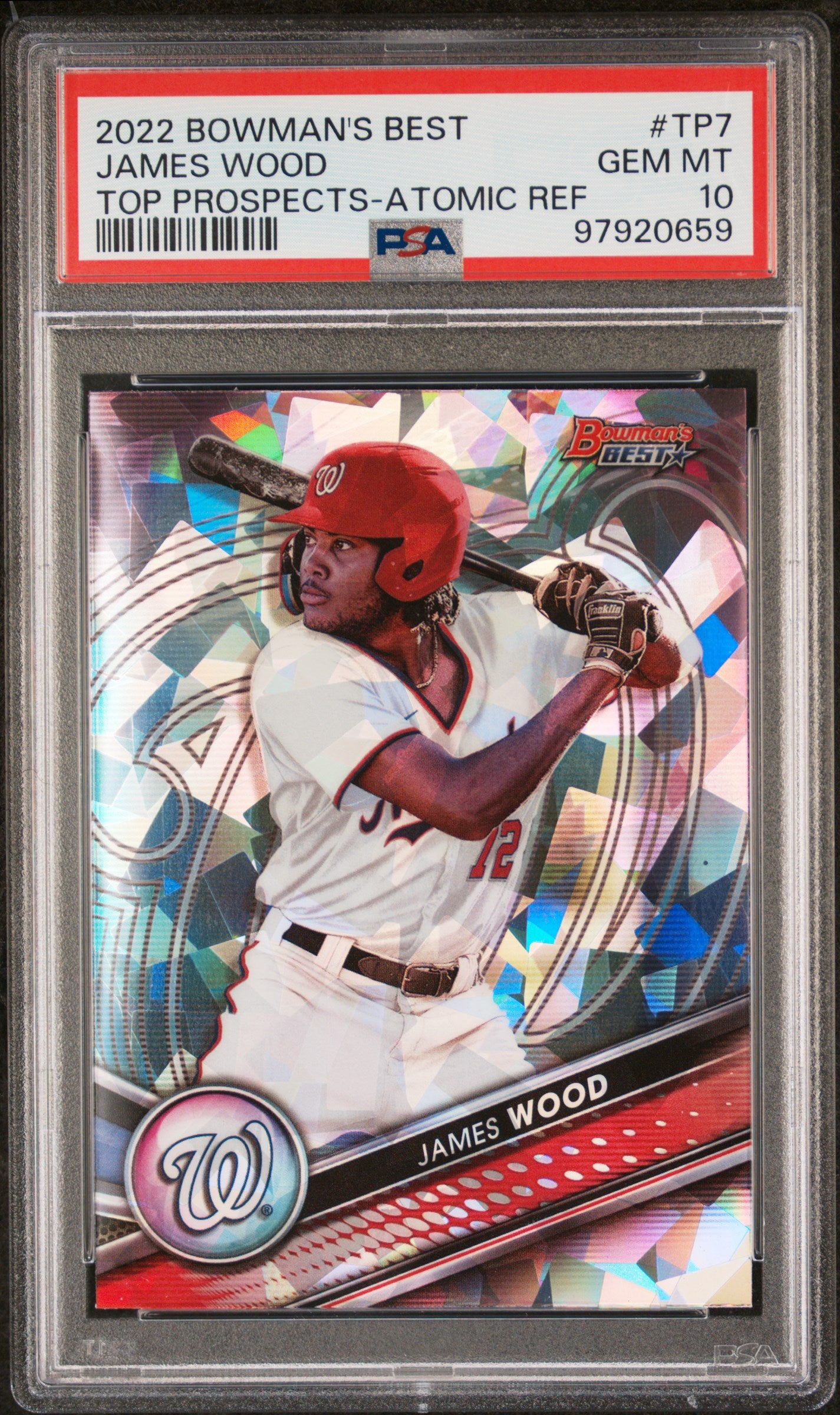 Graded 2022 Topps Bowmans Best James Wood #TP7 Top Prospects Atomic Refractor Rookie RC Baseball Card PSA 10 Gem Mint