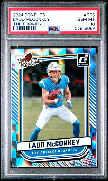 Graded 2024 Panini Donruss Ladd McConkey #TR5 The Rookies Rookie RC Football Card PSA 10 Gem Mint