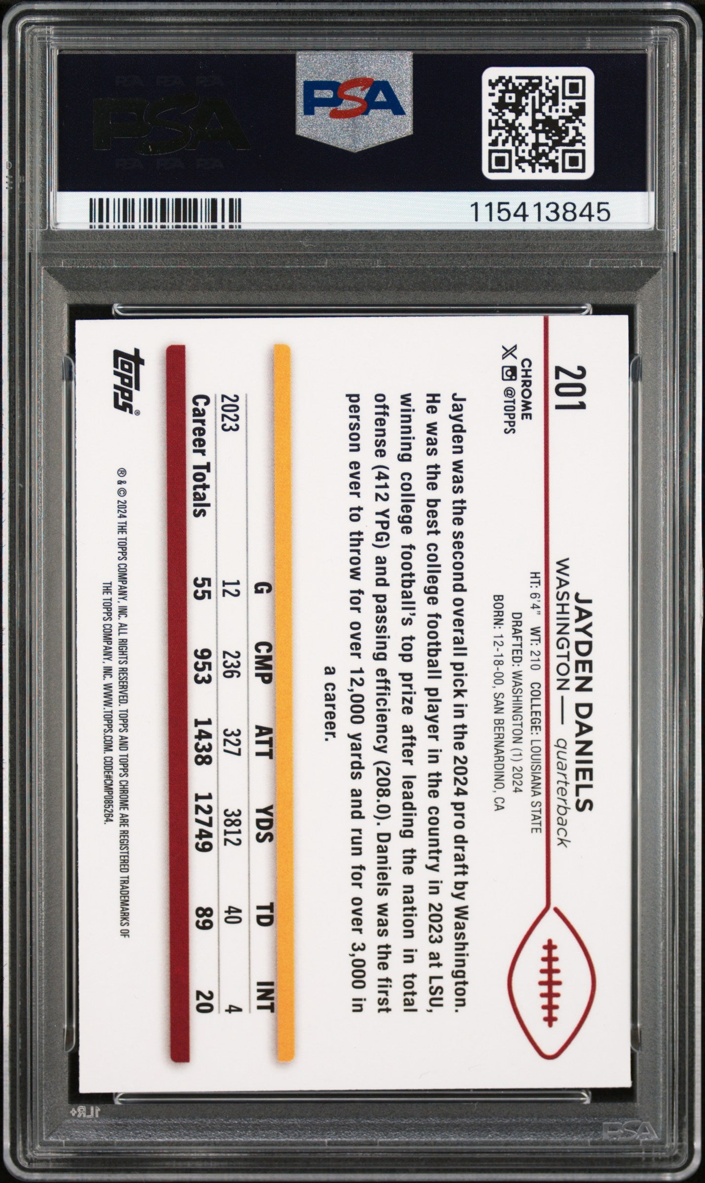 Graded 2024 Topps Chrome Jayden Daniels #201 Rookie RC Football Card PSA 8 Near Mint