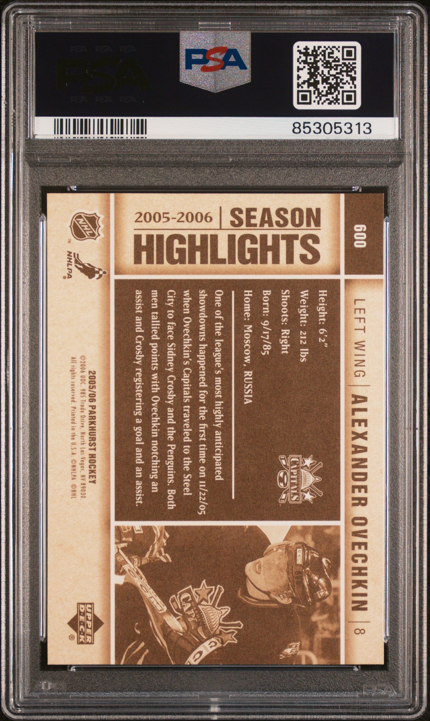 Graded 2005 Upper Deck Parkhurst Alex Ovechkin #600 Rookie RC Hockey Card PSA 10 Gem Mint