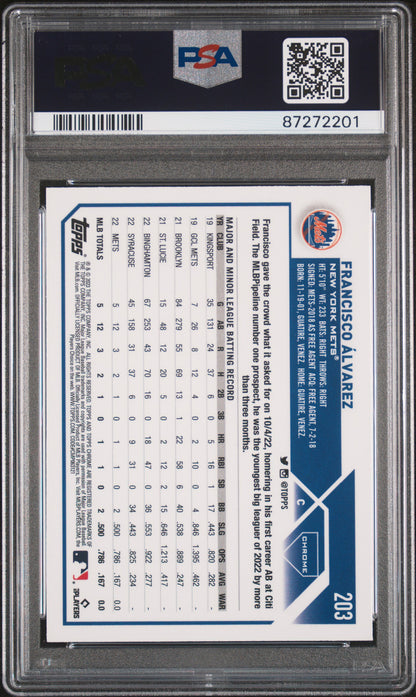 Graded 2023 Topps Chrome Francisco Alvarez #203 Rookie RC Baseball Card PSA 10 Gem Mint