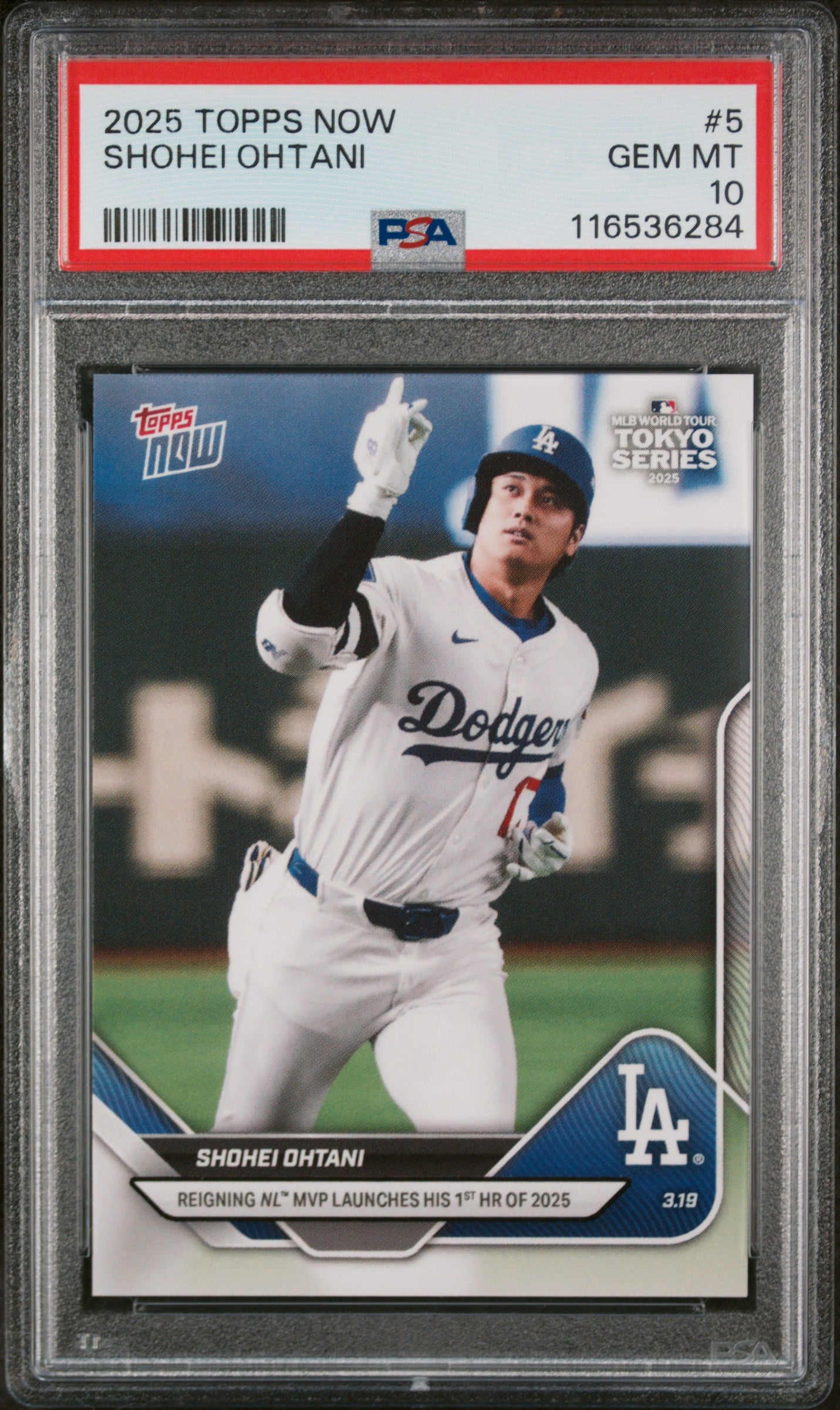 Graded 2025 Topps Now Shohei Ohtani #5 Reigning MVP Launches His 1st HR of 2025 Baseball Card PSA 10 Gem Mint