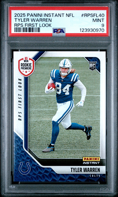 Graded 2025 Panini Instant Tyler Warren #RPSFL40 RPS First Look Rookie RC Football Card PSA 9 Mint