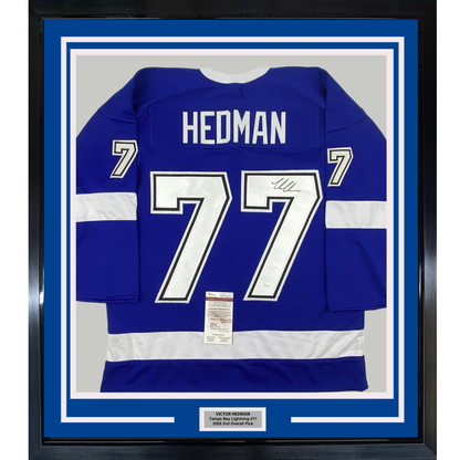 Framed Autographed/Signed Victor Hedman 35x39 Tampa Bay Blue Hockey Jersey JSA COA