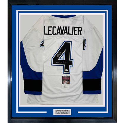 Framed Autographed/Signed Vincent Lecavalier 2004 SC Champs 35x39 Tampa Bay White Hockey Jersey JSA COA