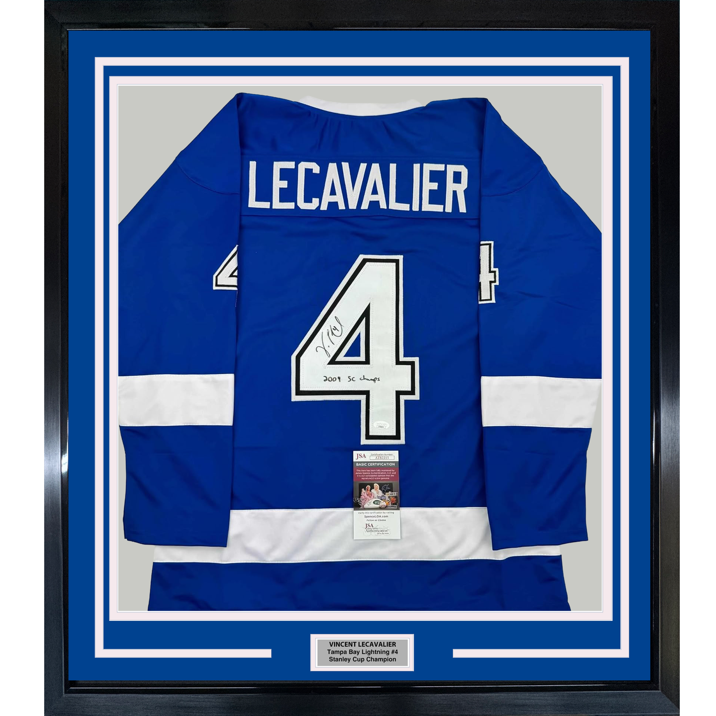 Framed Autographed/Signed Vincent Lecavalier 2004 SC Champs 35x39 Tampa Bay Blue Hockey Jersey JSA COA