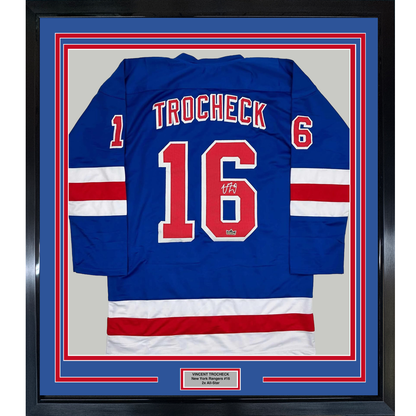 Framed Facsimile Autographed Vincent Trocheck 35x39 New York Blue Reprint Laser Auto Hockey Jersey