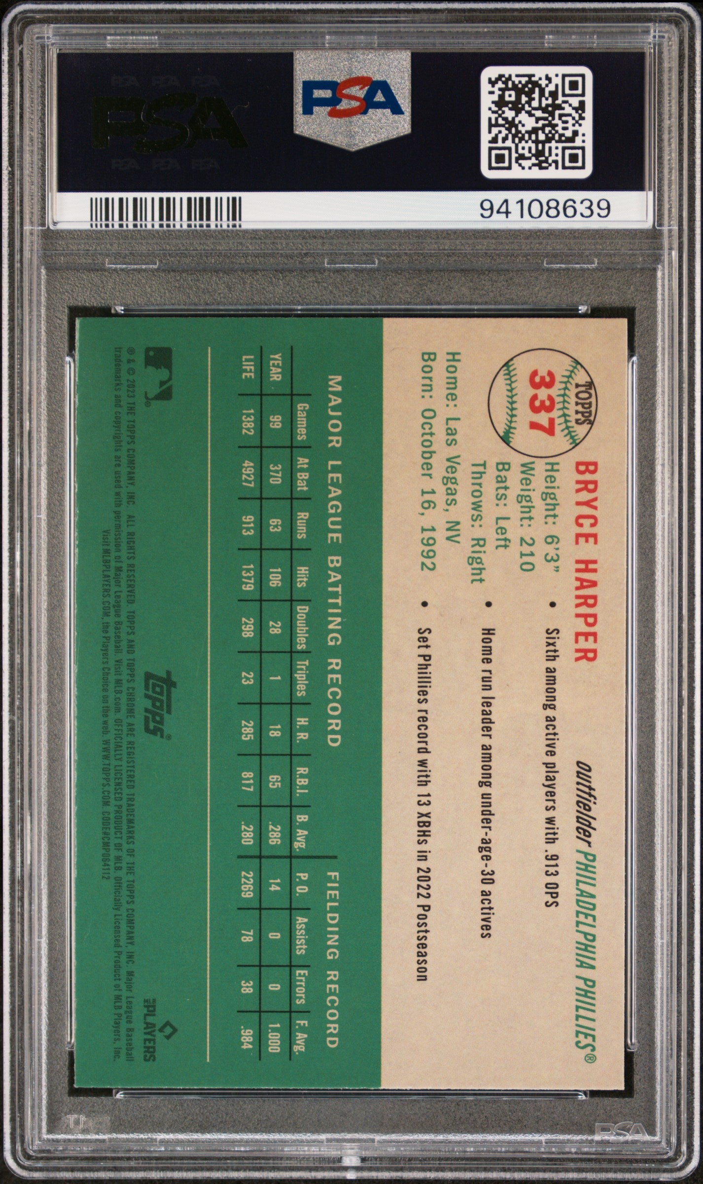 Graded 2023 Topps Platinum Anniversary Bryce Harper #337 Baseball Card PSA 10 Gem Mint