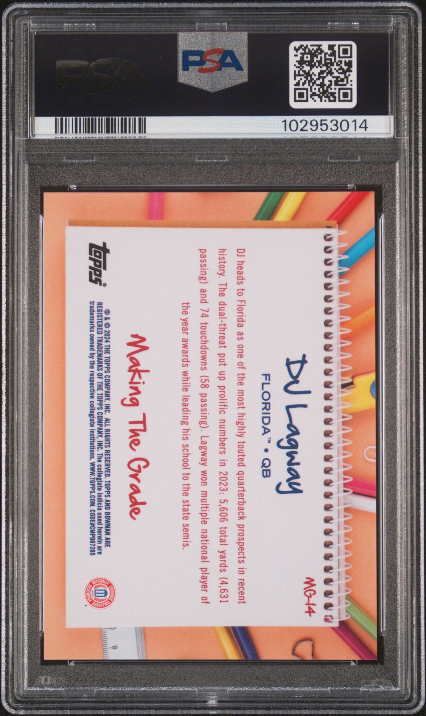 Graded 2024 Topps Bowman Best University DJ Lagway #MG14 Making the Grade Rookie RC Football Card PSA 10 Gem Mint