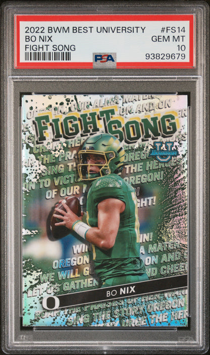 Graded 2022 Topps Bowman Best University Bo Nix #FS14 Fight Song Rookie RC Football Card PSA 10 Gem Mint