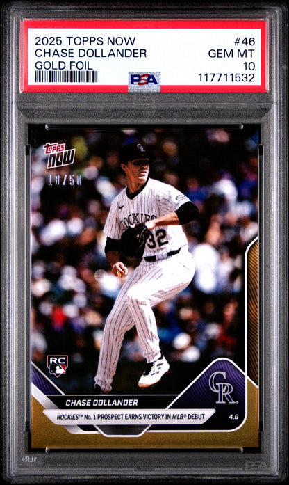 Graded 2025 Topps Now Chase Dollander #46 Gold Foil /50 Rookie RC Baseball Card PSA 10 Gem Mint