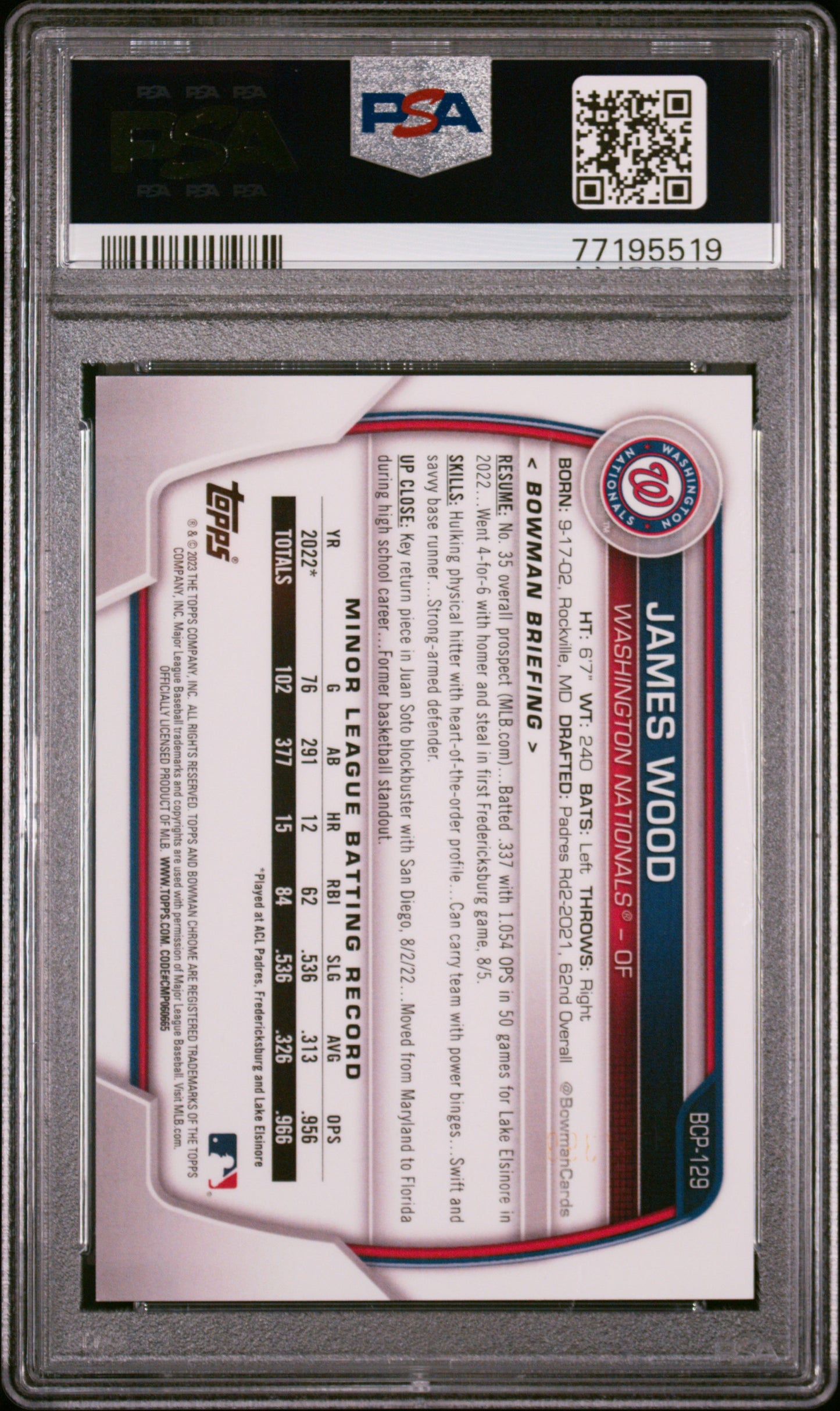 Graded 2023 Topps Bowman James Wood #BCP129 Chrome Prospects Lava Refractor #/399 Rookie RC Baseball Card PSA 10 Gem Mint