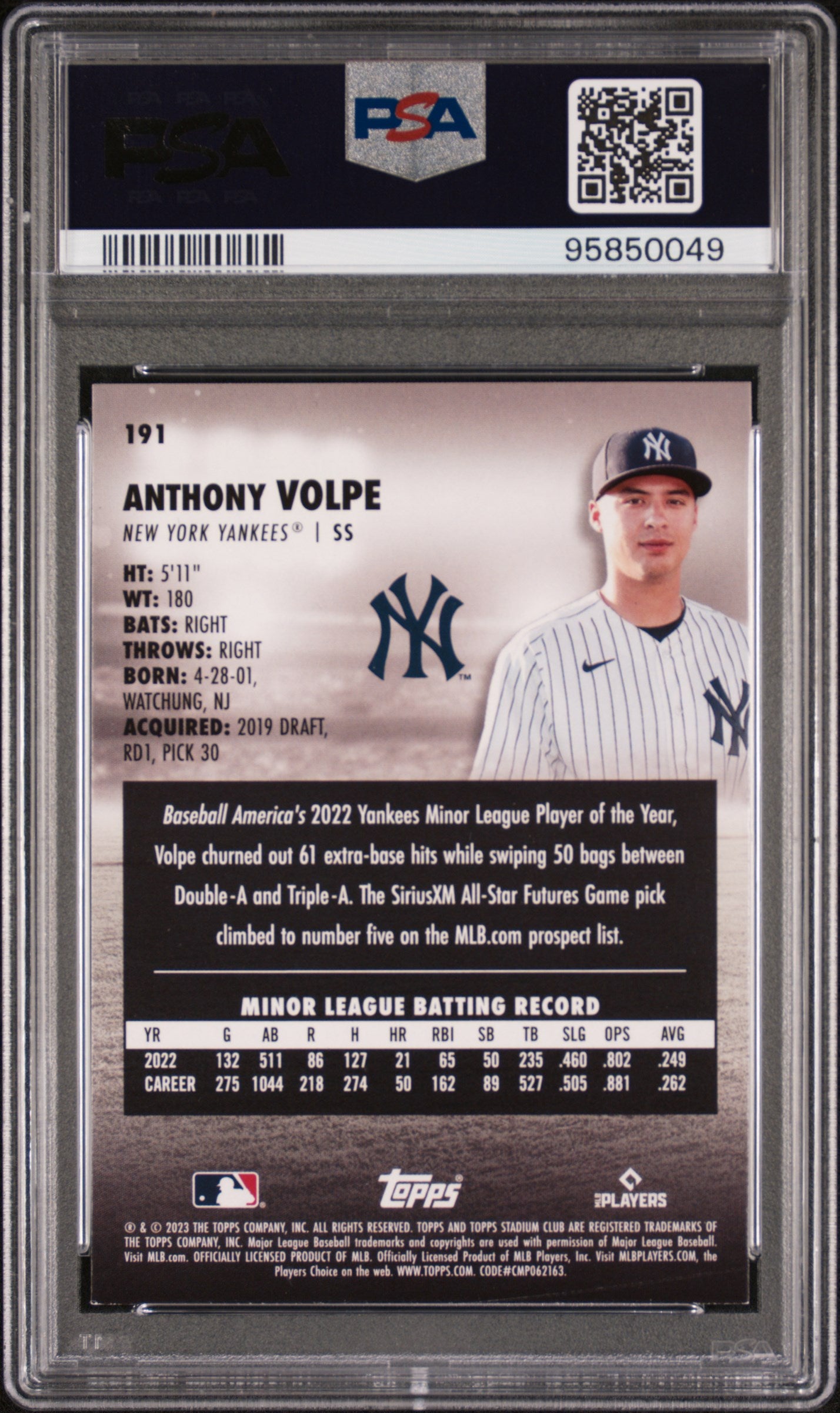 Graded 2023 Topps Stadium Club Anthony Volpe #191 Rookie RC Baseball Card PSA 8 Near Mint