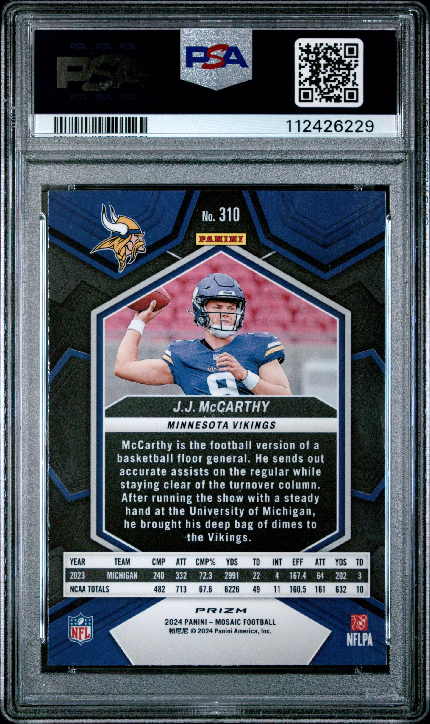 Graded 2024 Panini Mosaic JJ McCarthy #310 Reactive Blue Rookie RC Football Card PSA 9 Mint